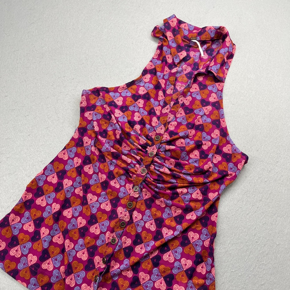 Free People Pink Purple Heart Print Mesh Ruched Halter Top Size Large Y2K Boho
